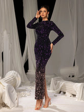 Elegant Long Sleeves Split Hem Ombre Sequin Evening Dress